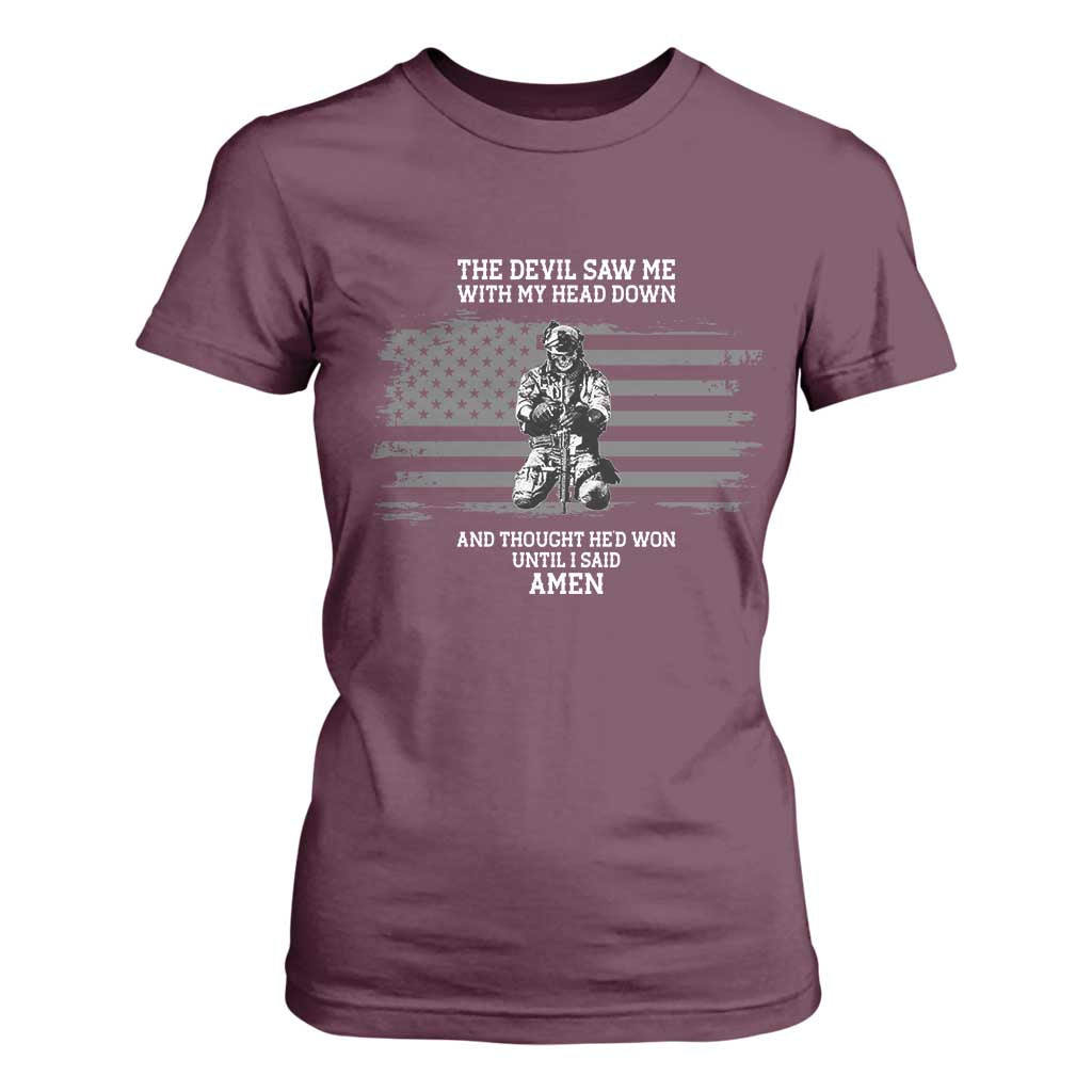 Soldier Skull Christian Faith Quote T Shirt For Women The Devil Saw Me With My Head Down And Thought He'd Won TS12 Maroon Print Your Wear