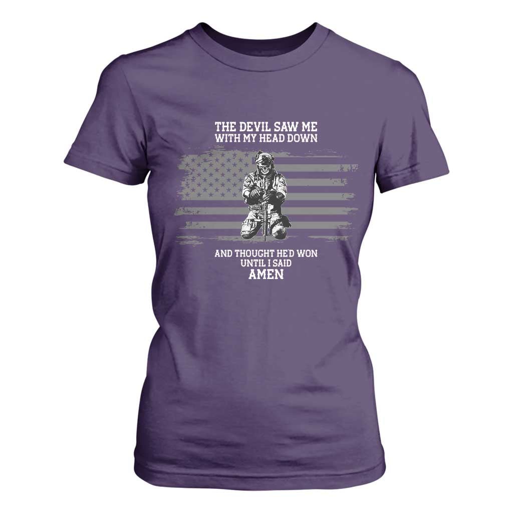 Soldier Skull Christian Faith Quote T Shirt For Women The Devil Saw Me With My Head Down And Thought He'd Won TS12 Purple Print Your Wear