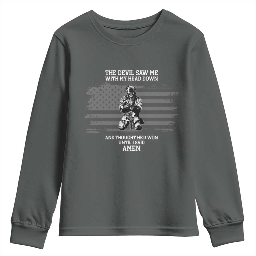Soldier Skull Christian Faith Quote Youth Sweatshirt The Devil Saw Me With My Head Down And Thought He'd Won TS12 Dark Heather Print Your Wear