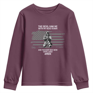 Soldier Skull Christian Faith Quote Youth Sweatshirt The Devil Saw Me With My Head Down And Thought He'd Won TS12 Maroon Print Your Wear