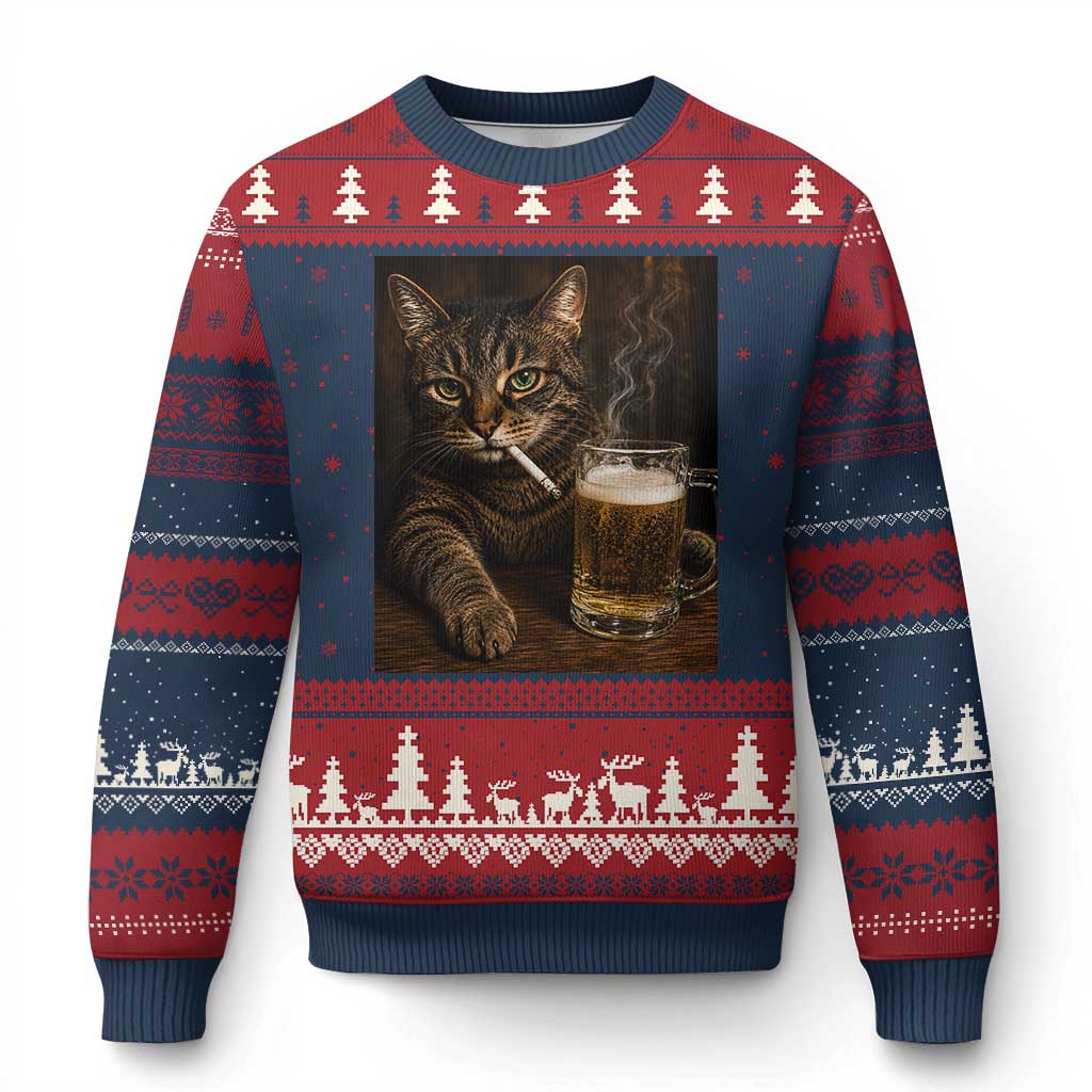 Funny Smoking Cat Ugly Christmas Sweater Cigarette Kitty Beer Lover TS12 Navy Red Print Your Wear