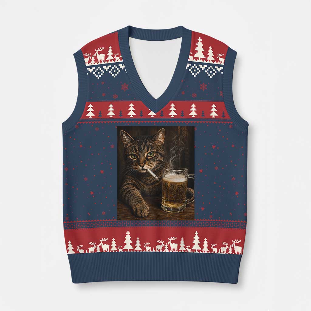 Funny Smoking Cat V-Neck Knit Sweater Vest Cigarette Kitty Beer Lover TS12 Navy Red Print Your Wear