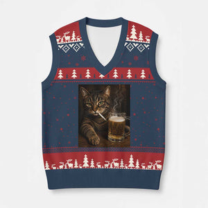 Funny Smoking Cat V-Neck Knit Sweater Vest Cigarette Kitty Beer Lover TS12 Navy Red Print Your Wear