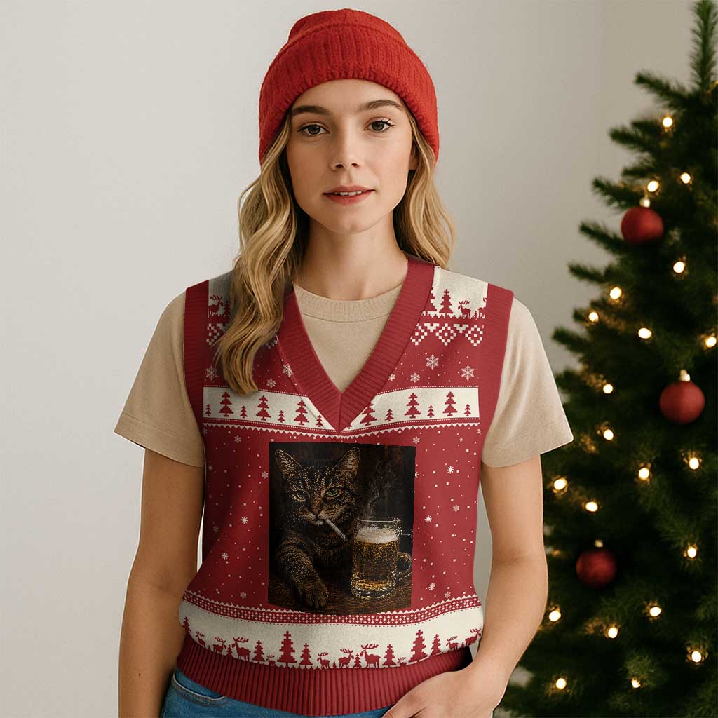 Funny Smoking Cat V-Neck Knit Sweater Vest Cigarette Kitty Beer Lover TS12 Red Beige Print Your Wear