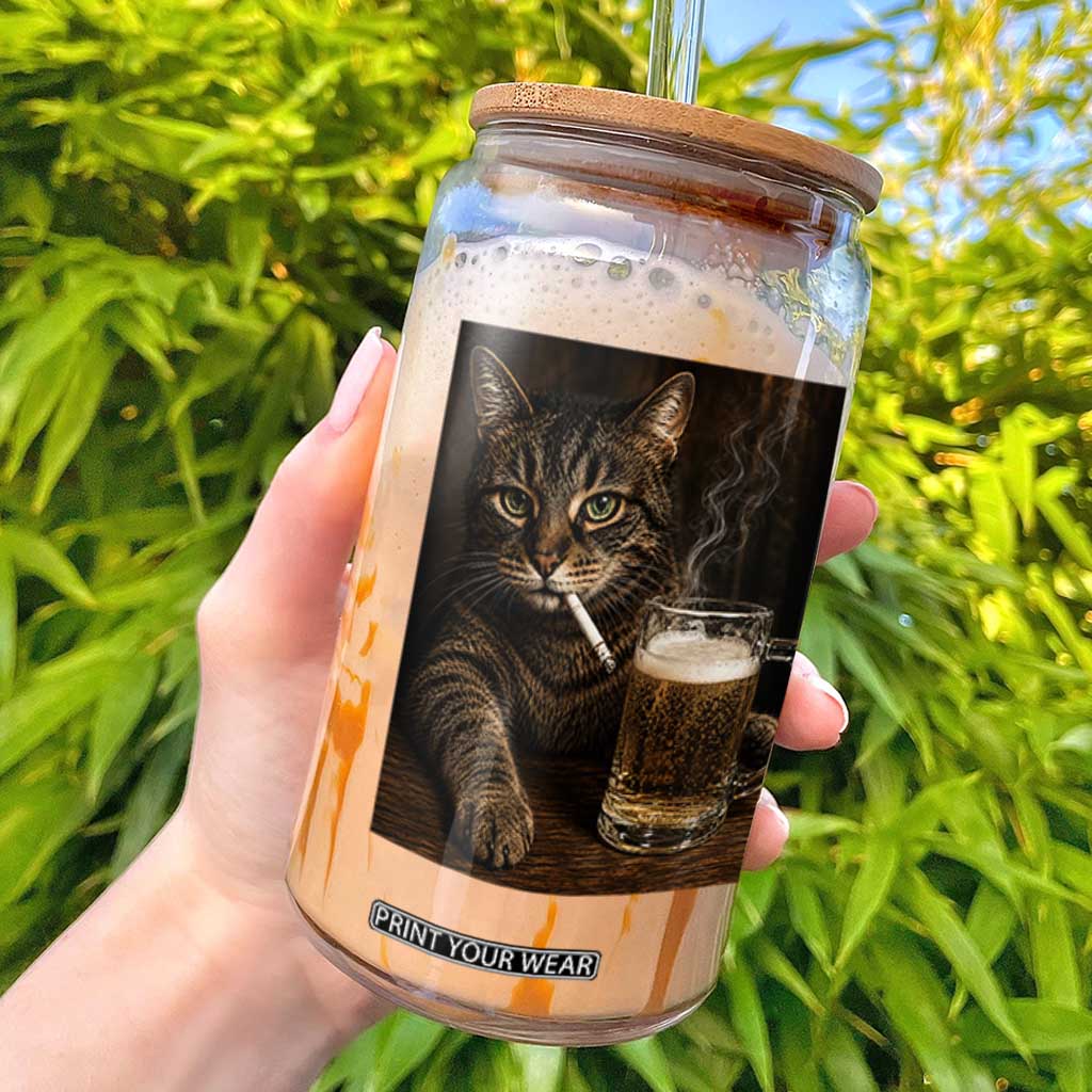 Funny Smoking Cat Glass Can Cigarette Kitty Beer Lover TS12 Black Print Your Wear