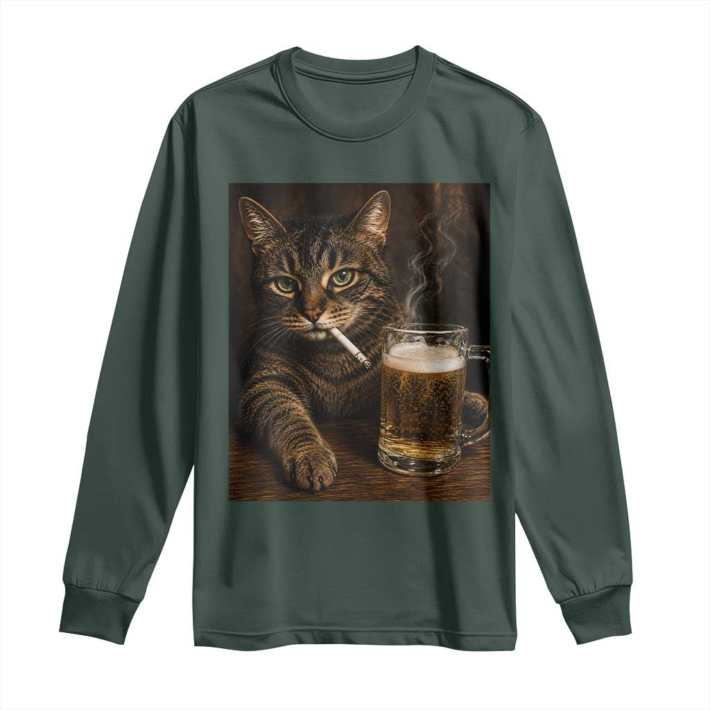 Funny Smoking Cat Long Sleeve Shirt Cigarette Kitty Beer Lover TS12 Dark Forest Green Print Your Wear