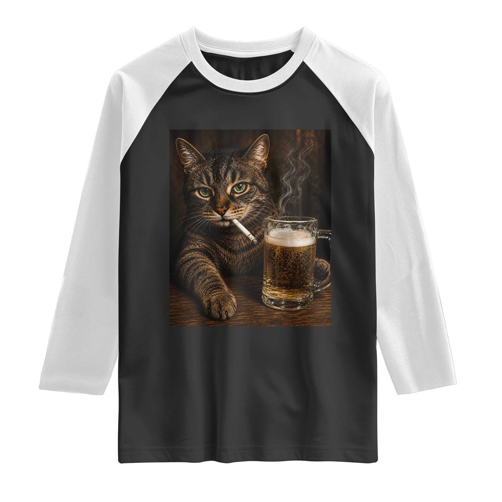 Funny Smoking Cat Raglan Shirt Cigarette Kitty Beer Lover TS12 Black White Print Your Wear