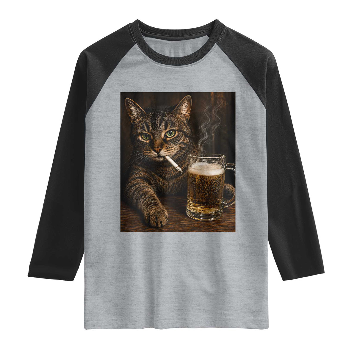 Funny Smoking Cat Raglan Shirt Cigarette Kitty Beer Lover TS12 Heather Gray Black Print Your Wear