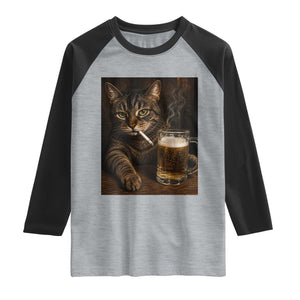 Funny Smoking Cat Raglan Shirt Cigarette Kitty Beer Lover TS12 Heather Gray Black Print Your Wear
