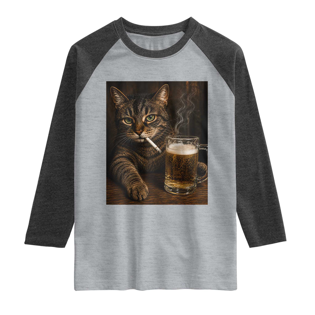 Funny Smoking Cat Raglan Shirt Cigarette Kitty Beer Lover TS12 Heather Gray Heather Charcoal Print Your Wear