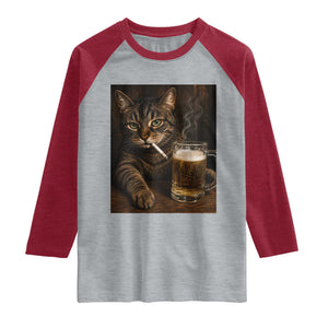 Funny Smoking Cat Raglan Shirt Cigarette Kitty Beer Lover TS12 Heather Gray Heather Red Print Your Wear