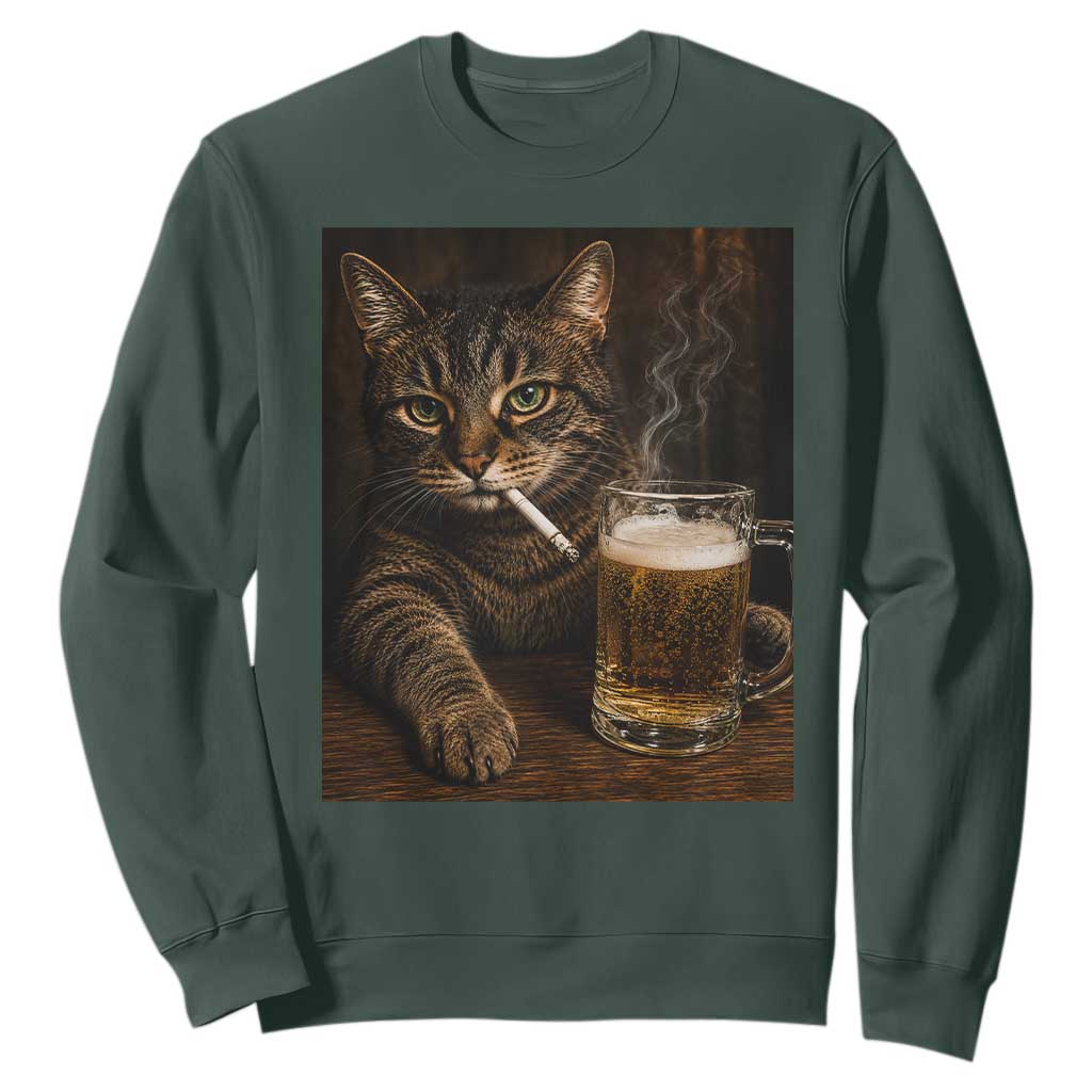 Funny Smoking Cat Sweatshirt Cigarette Kitty Beer Lover TS12 Dark Forest Green Print Your Wear