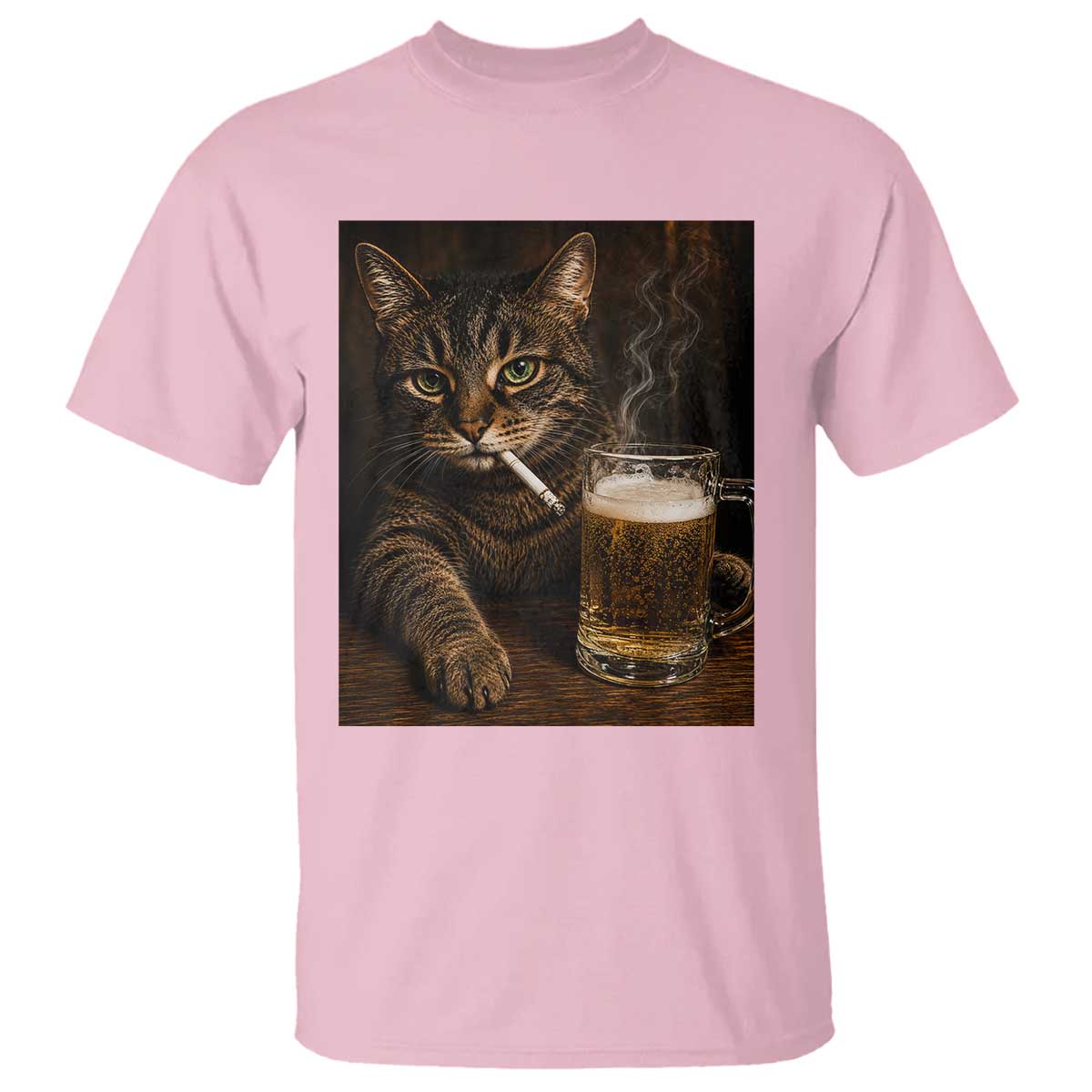 Funny Smoking Cat T Shirt Cigarette Kitty Beer Lover TS12 Light Pink Print Your Wear
