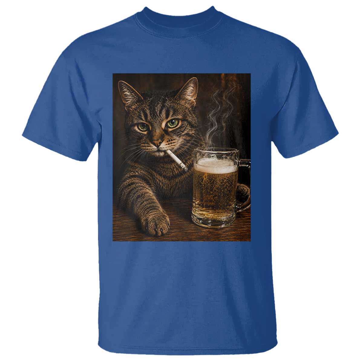 Funny Smoking Cat T Shirt Cigarette Kitty Beer Lover TS12 Royal Blue Print Your Wear