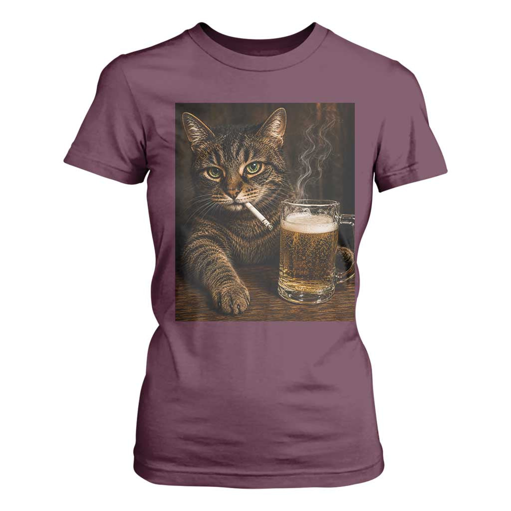 Funny Smoking Cat T Shirt For Women Cigarette Kitty Beer Lover TS12 Maroon Print Your Wear