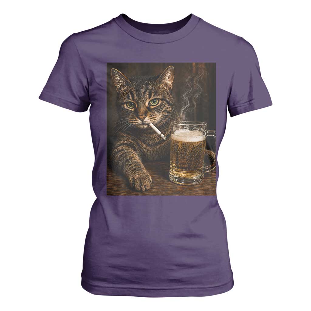 Funny Smoking Cat T Shirt For Women Cigarette Kitty Beer Lover TS12 Purple Print Your Wear