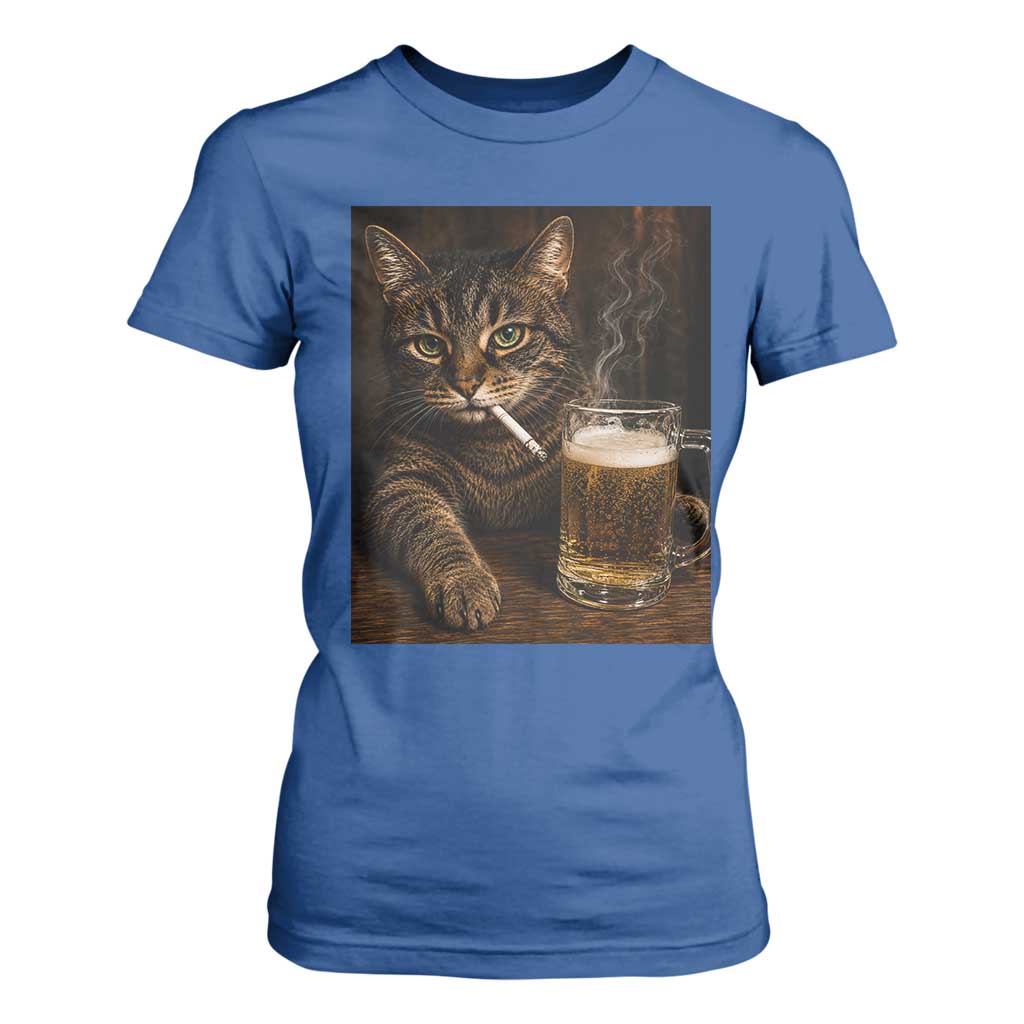 Funny Smoking Cat T Shirt For Women Cigarette Kitty Beer Lover TS12 Royal Blue Print Your Wear