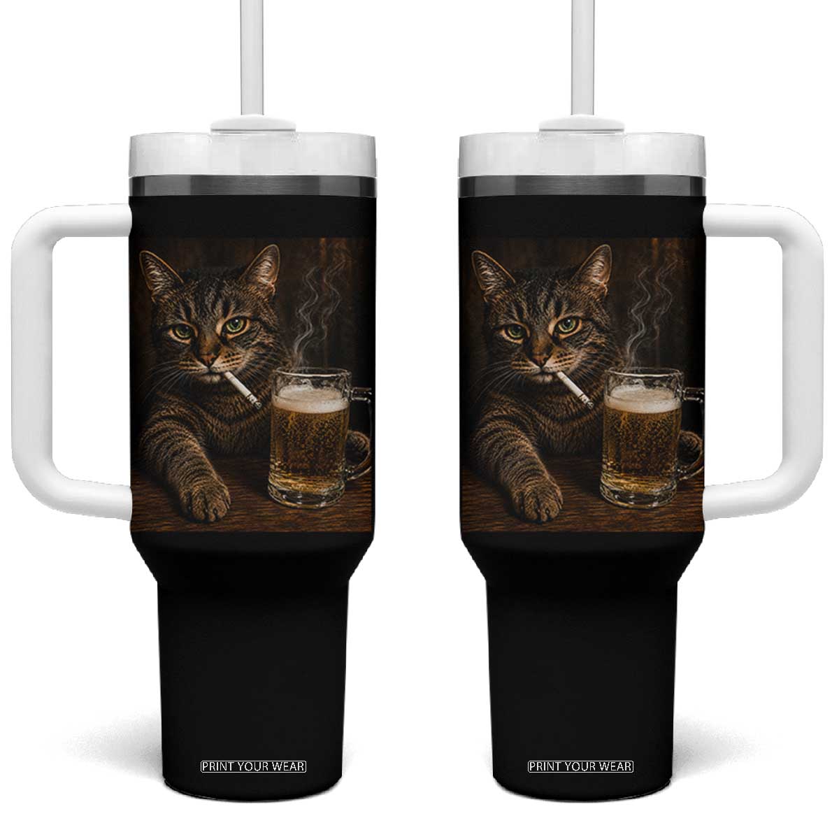 Funny Smoking Cat Tumbler With Handle Cigarette Kitty Beer Lover TS12 One Size: 40 oz Black Print Your Wear