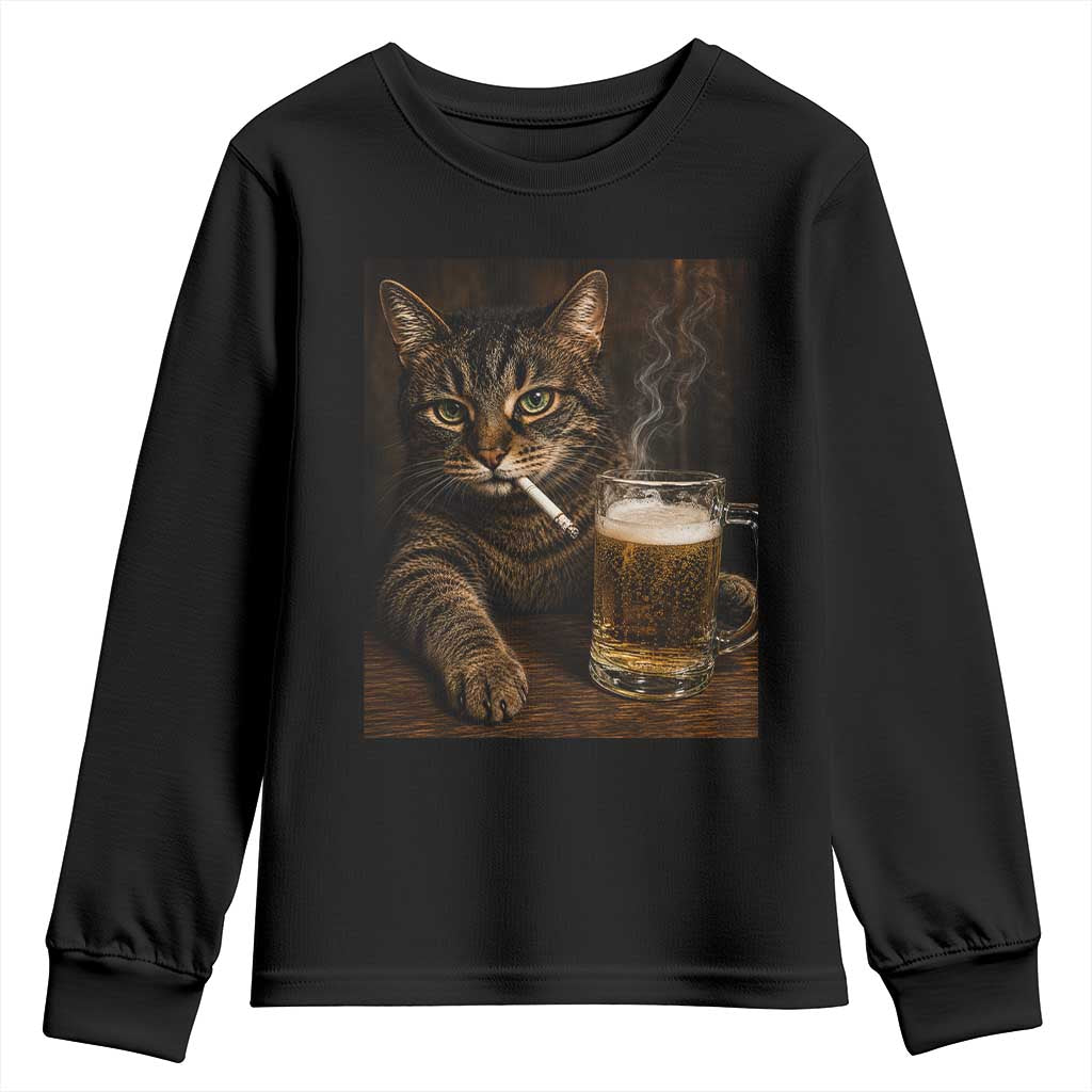 Funny Smoking Cat Youth Sweatshirt Cigarette Kitty Beer Lover TS12 Black Print Your Wear