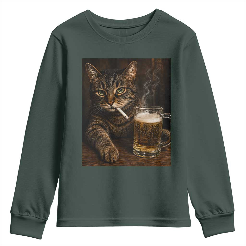 Funny Smoking Cat Youth Sweatshirt Cigarette Kitty Beer Lover TS12 Dark Forest Green Print Your Wear