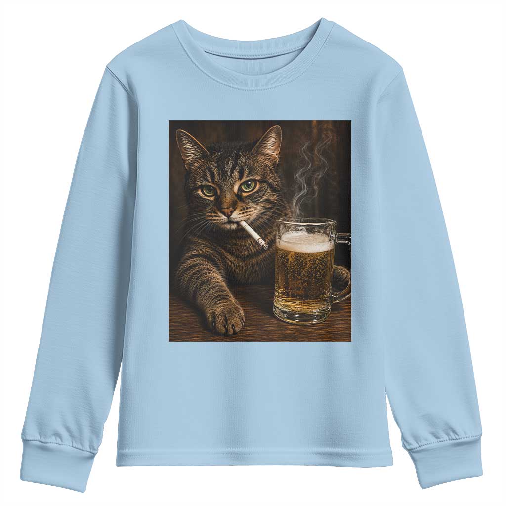 Funny Smoking Cat Youth Sweatshirt Cigarette Kitty Beer Lover TS12 Light Blue Print Your Wear