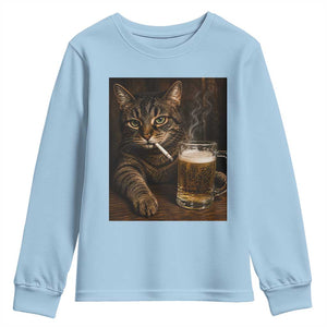 Funny Smoking Cat Youth Sweatshirt Cigarette Kitty Beer Lover TS12 Light Blue Print Your Wear