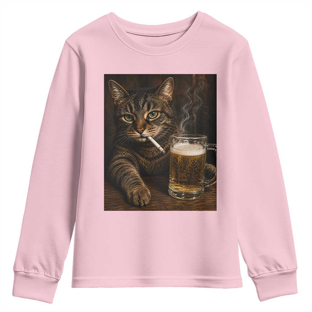 Funny Smoking Cat Youth Sweatshirt Cigarette Kitty Beer Lover TS12 Light Pink Print Your Wear