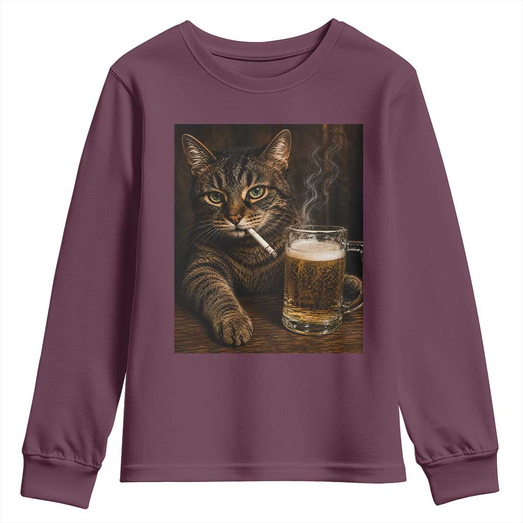 Funny Smoking Cat Youth Sweatshirt Cigarette Kitty Beer Lover TS12 Maroon Print Your Wear