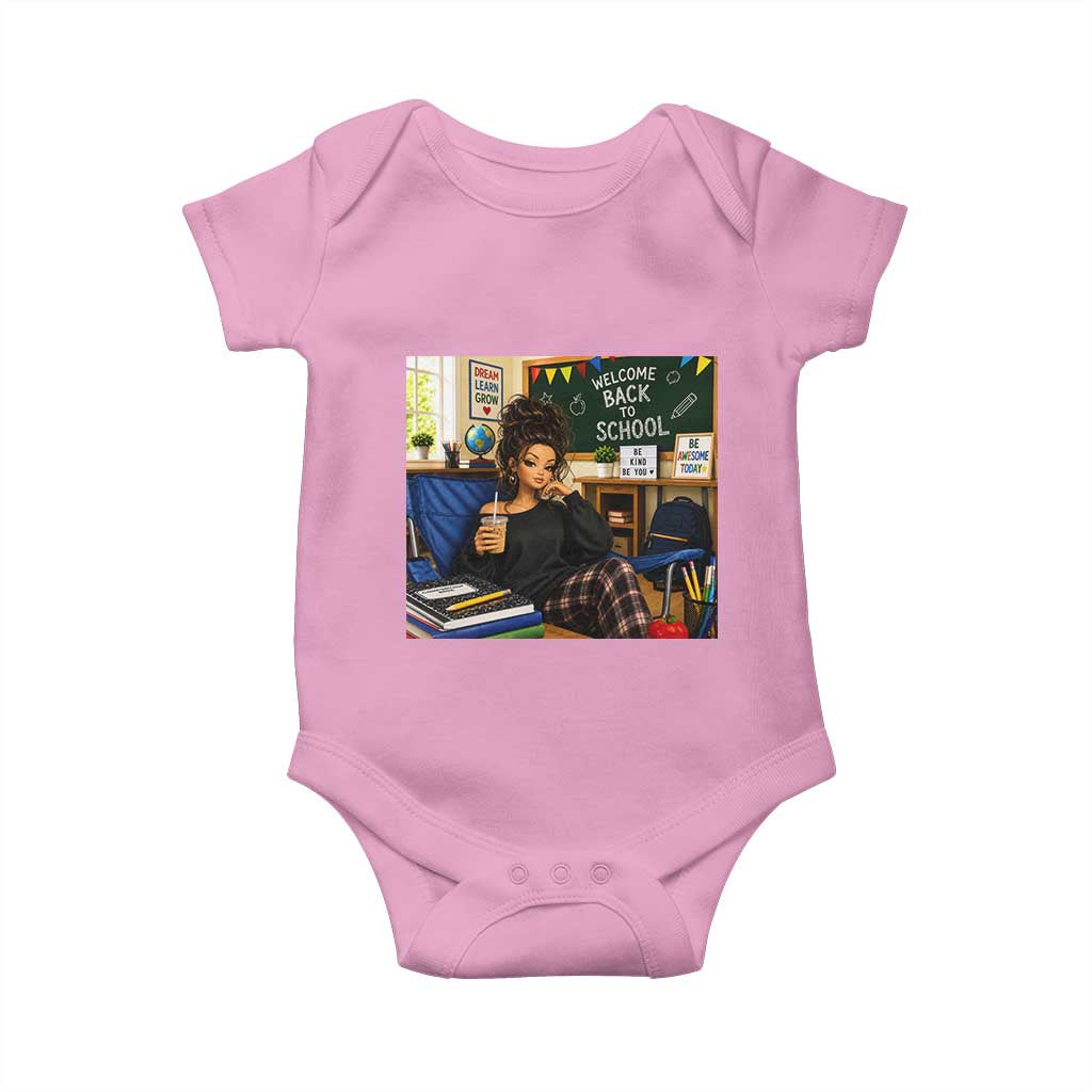 Funny Back To School Doll Face Meme Baby Onesie Coffee Teacher Gift TS12 Light Pink Print Your Wear
