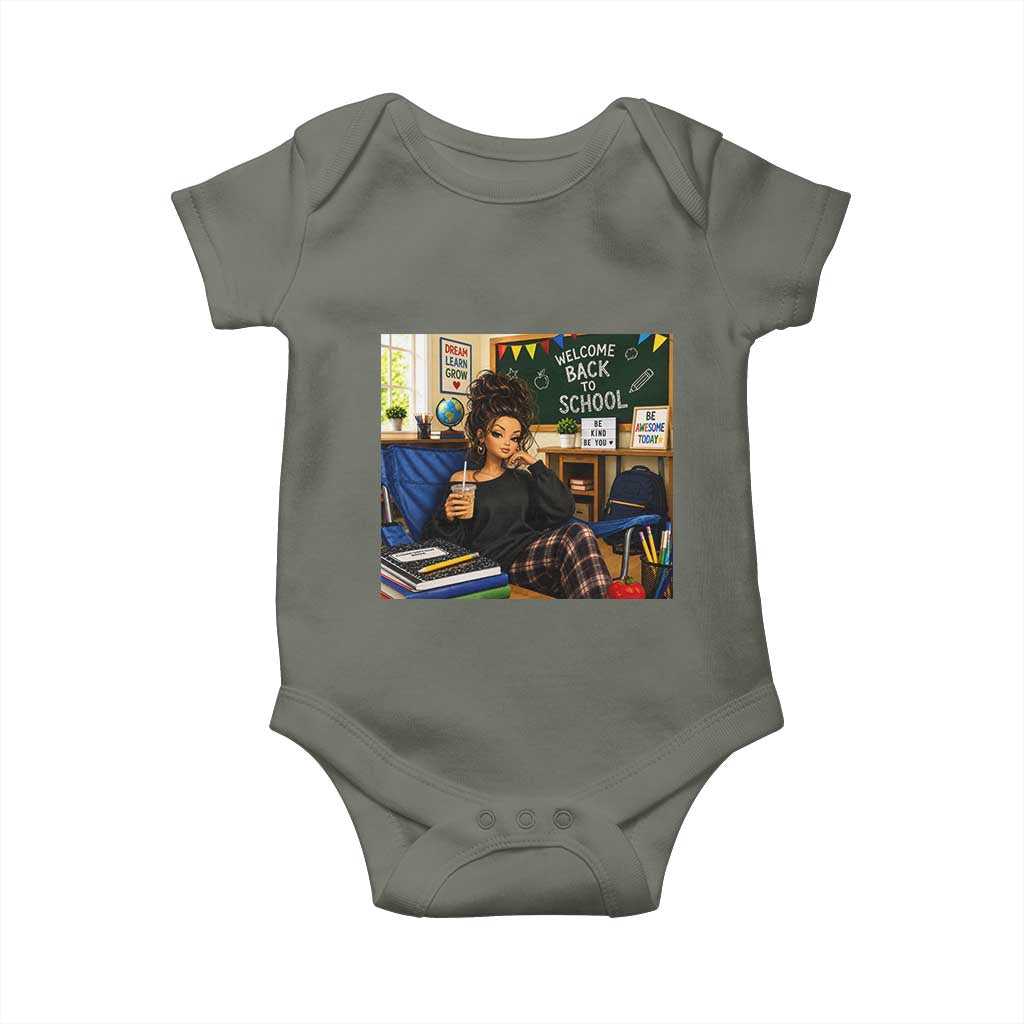 Funny Back To School Doll Face Meme Baby Onesie Coffee Teacher Gift TS12 Military Green Print Your Wear