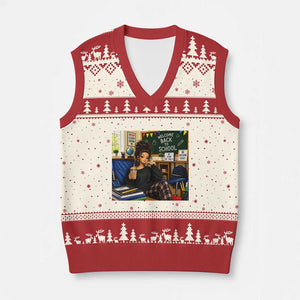 Funny Back To School Doll Face Meme V-Neck Knit Sweater Vest Coffee Teacher Gift TS12 Beige Red Print Your Wear