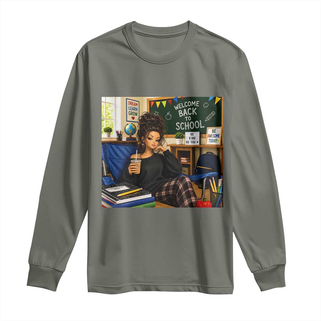 Funny Back To School Doll Face Meme Long Sleeve Shirt Coffee Teacher Gift TS12 Military Green Print Your Wear