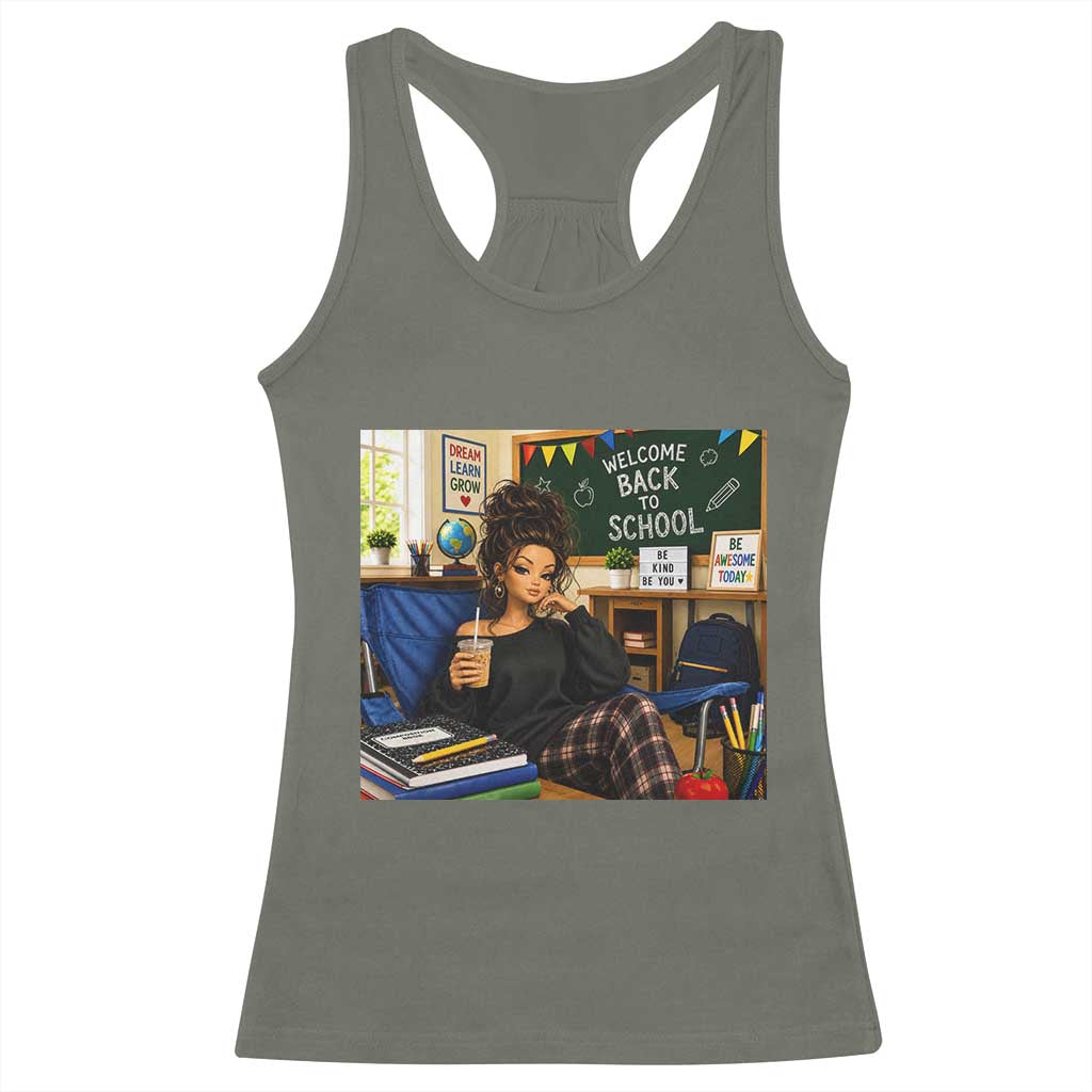 Funny Back To School Doll Face Meme Racerback Tank Top Coffee Teacher Gift TS12 Military Green Print Your Wear