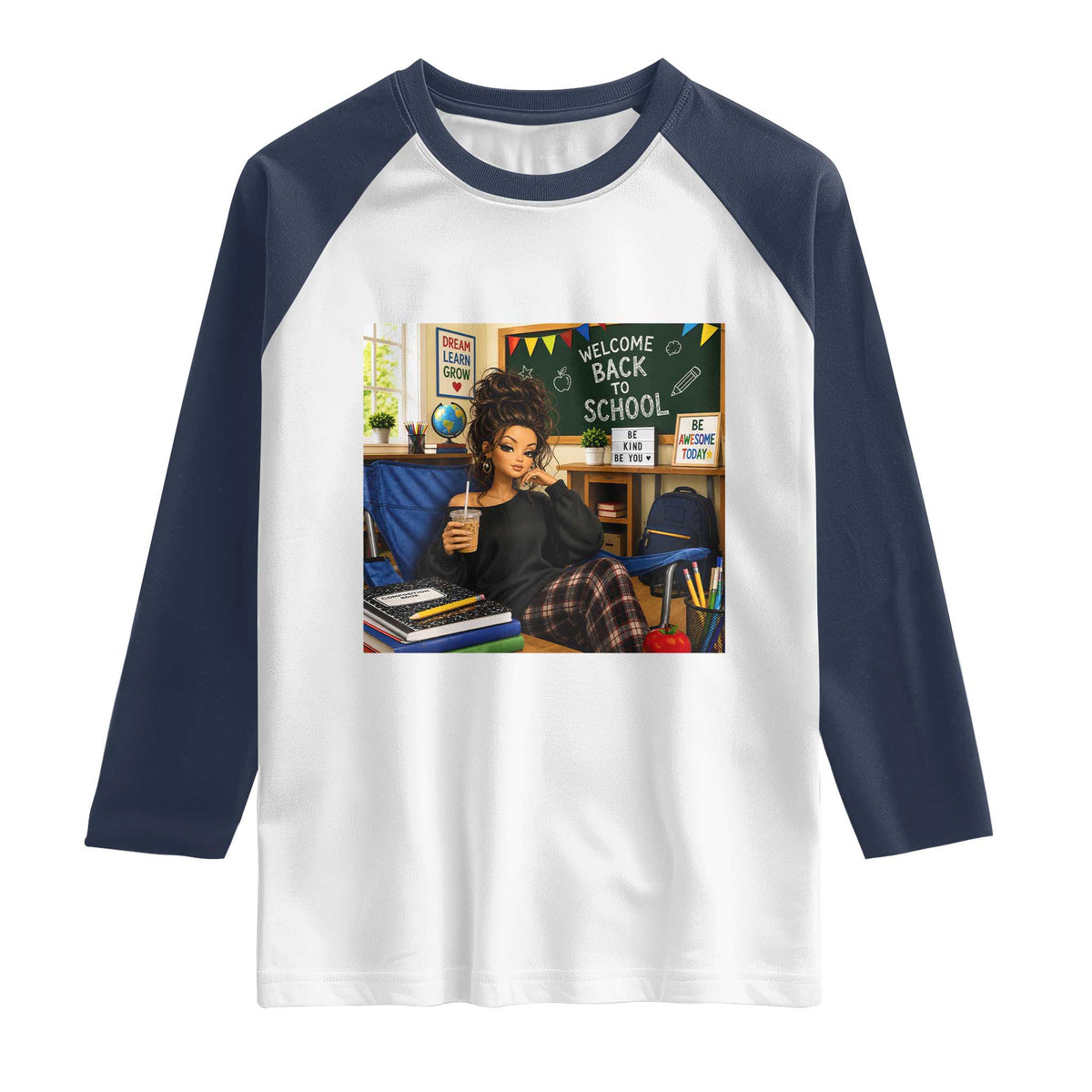 Funny Back To School Doll Face Meme Raglan Shirt Coffee Teacher Gift TS12 White Navy Print Your Wear