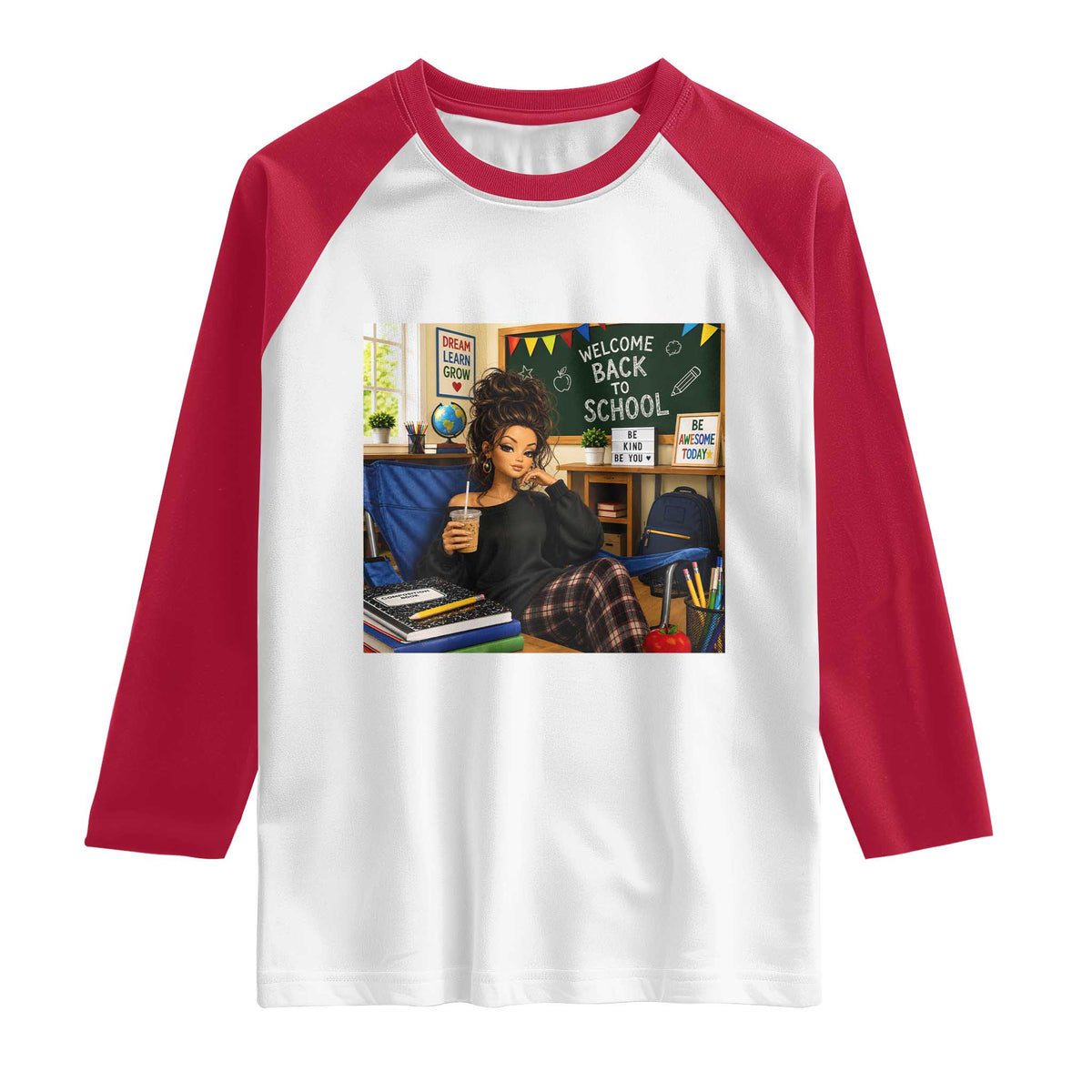 Funny Back To School Doll Face Meme Raglan Shirt Coffee Teacher Gift TS12 White Red Print Your Wear