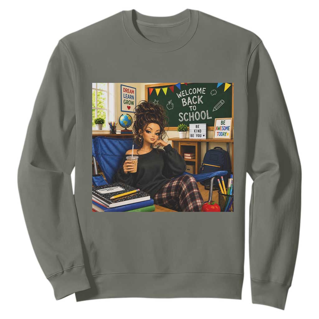 Funny Back To School Doll Face Meme Sweatshirt Coffee Teacher Gift TS12 Military Green Print Your Wear