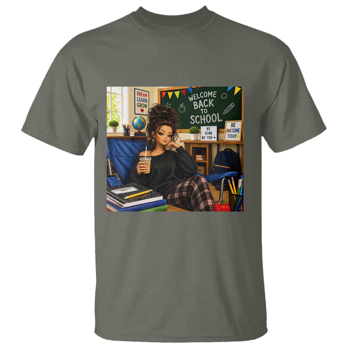 Funny Back To School Doll Face Meme T Shirt Coffee Teacher Gift TS12 Military Green Print Your Wear