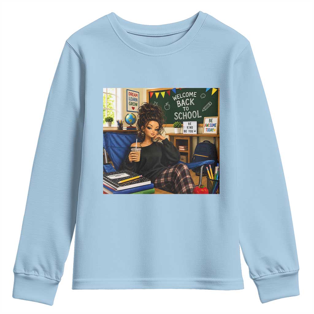 Funny Back To School Doll Face Meme Youth Sweatshirt Coffee Teacher Gift TS12 Light Blue Print Your Wear