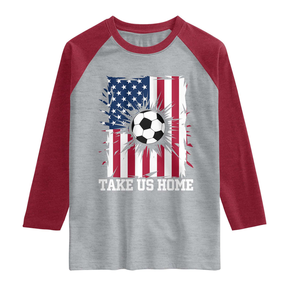 USA Soccer Game Day Raglan Shirt Take Us Home TS12 Heather Gray Heather Red Print Your Wear