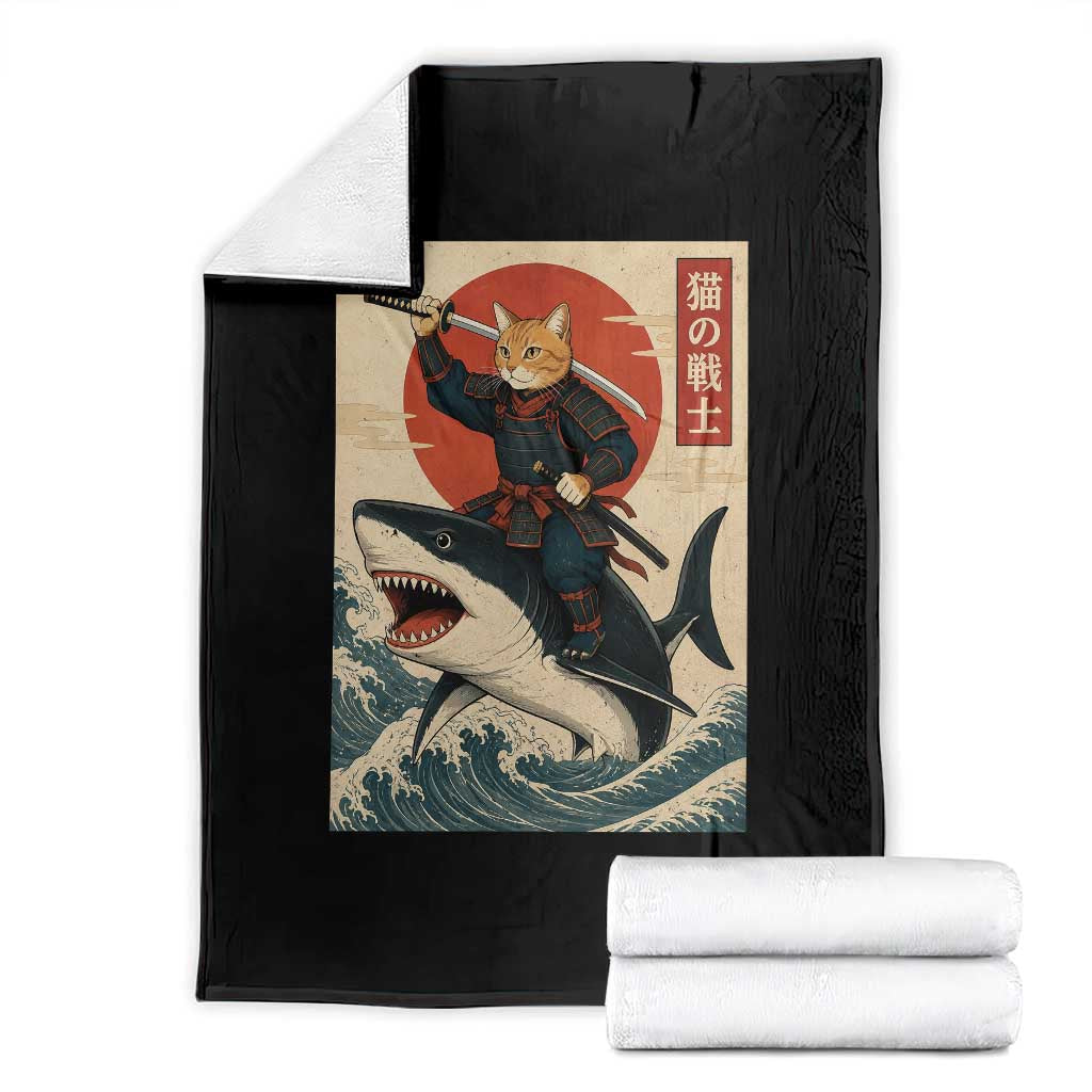Funny Samurai Cat Riding Shark Throw Blanket Vintage Japanese Ukiyoe TS12 Black Print Your Wear