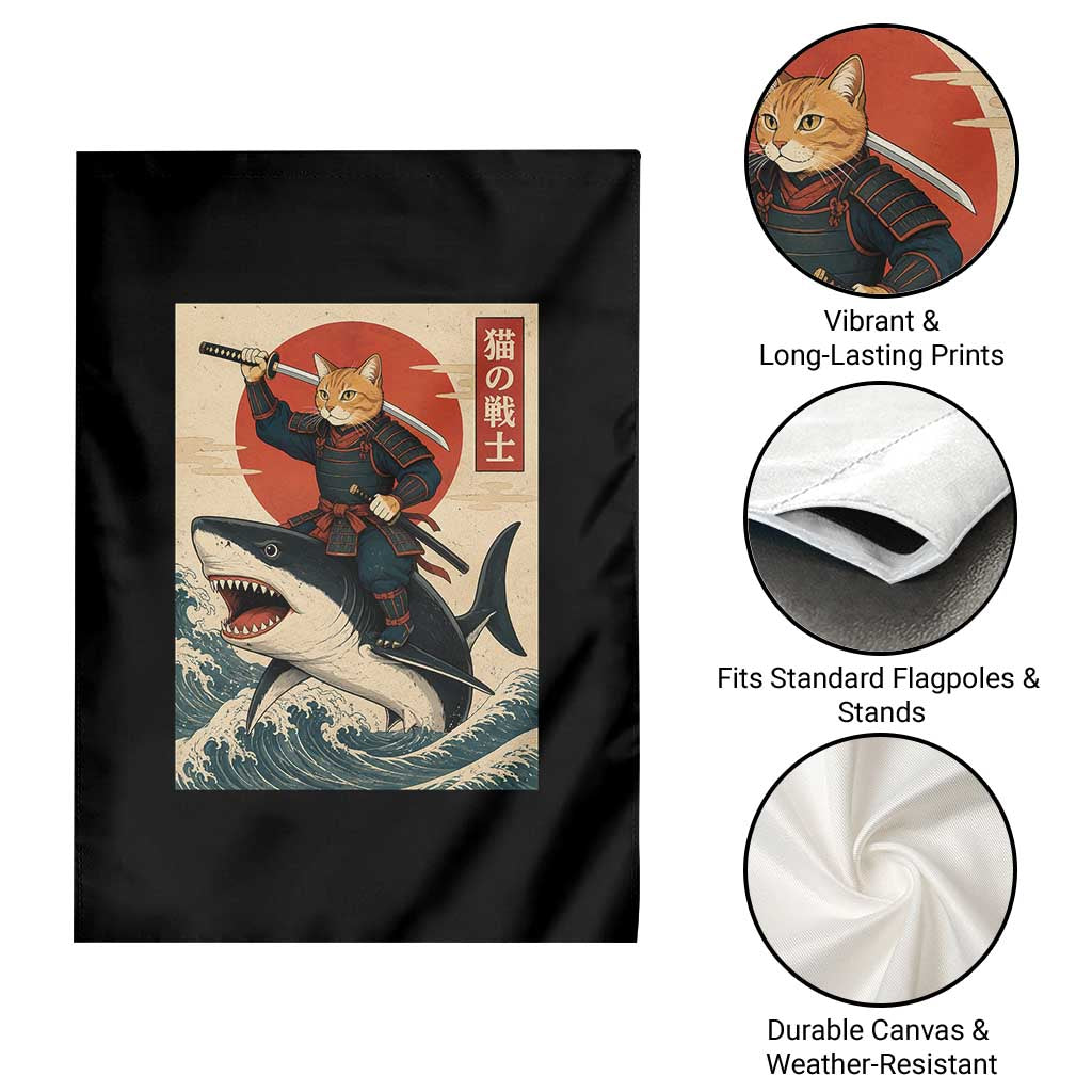 Funny Samurai Cat Riding Shark Garden Flag Vintage Japanese Ukiyoe