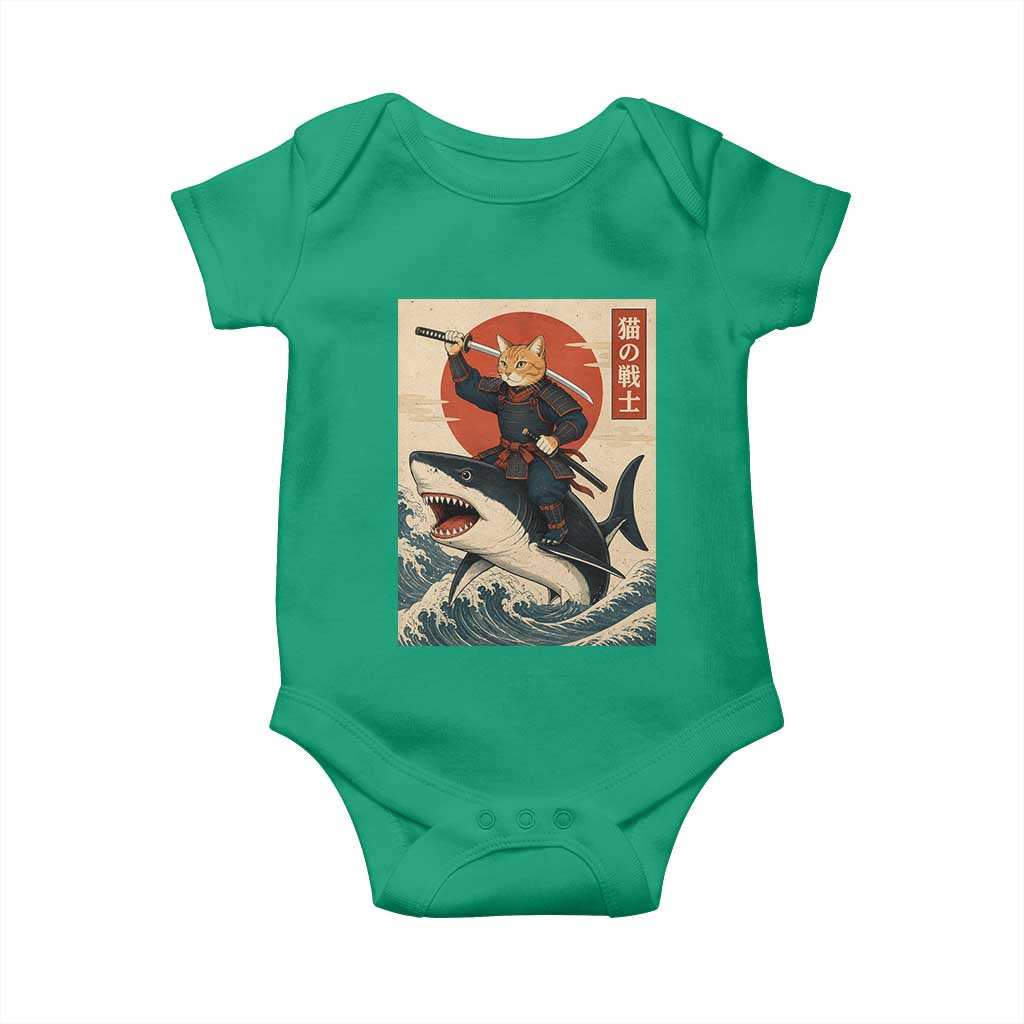 Funny Samurai Cat Riding Shark Baby Onesie Vintage Japanese Ukiyoe