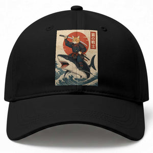Funny Samurai Cat Riding Shark Baseball Cap Vintage Japanese Ukiyoe