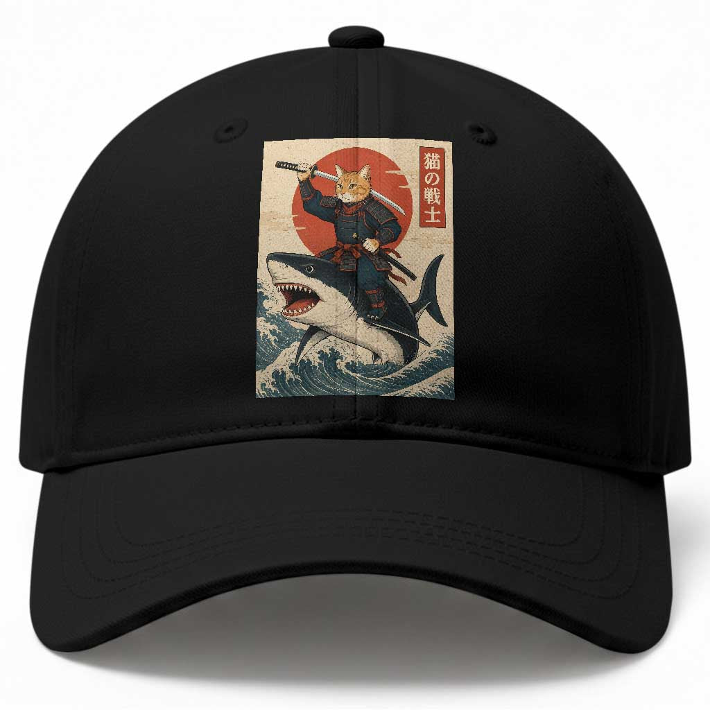 Funny Samurai Cat Riding Shark Baseball Cap Vintage Japanese Ukiyoe TS12 Print Your Wear