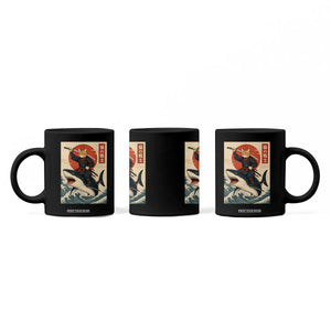 Funny Samurai Cat Riding Shark Coffee Mug Vintage Japanese Ukiyoe