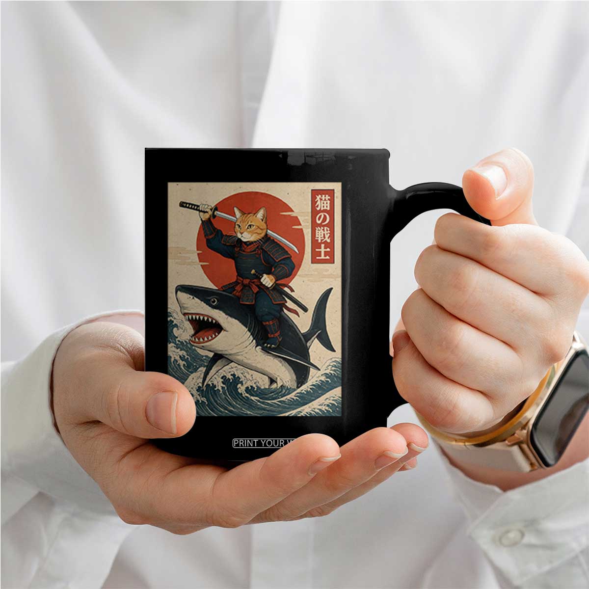 Funny Samurai Cat Riding Shark Coffee Mug Vintage Japanese Ukiyoe