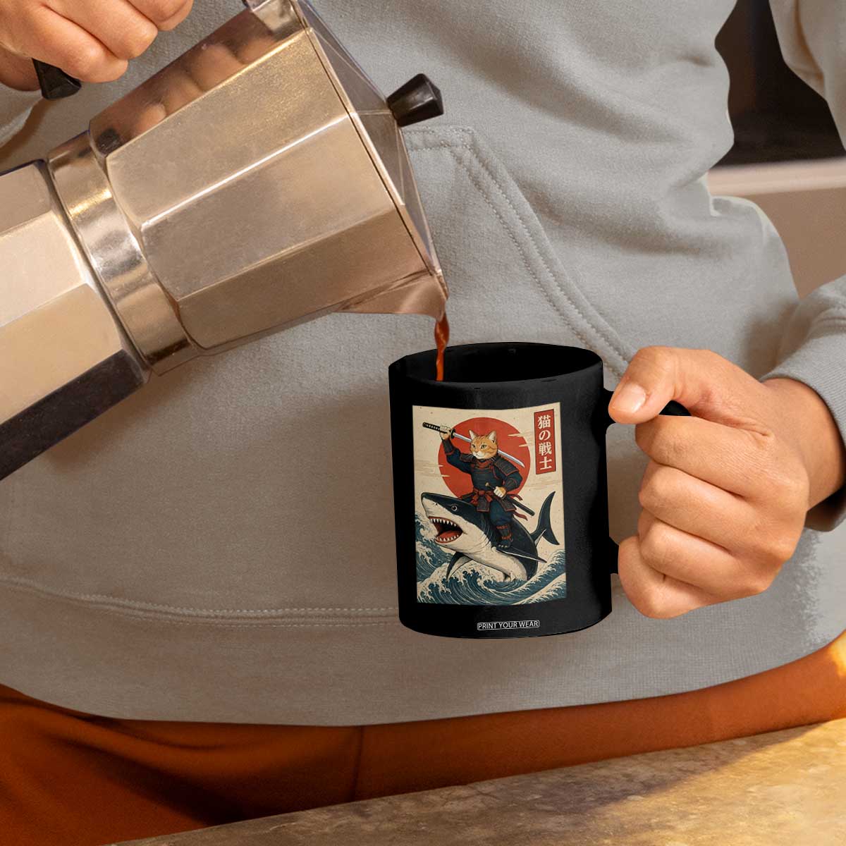 Funny Samurai Cat Riding Shark Coffee Mug Vintage Japanese Ukiyoe