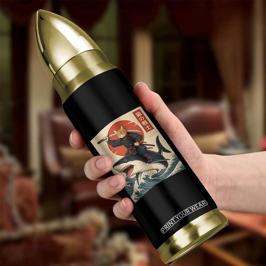 Funny Samurai Cat Riding Shark Bullet Tumbler Vintage Japanese Ukiyoe