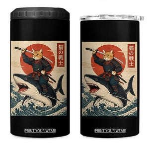 Funny Samurai Cat Riding Shark 4 in 1 Can Cooler Tumbler Vintage Japanese Ukiyoe