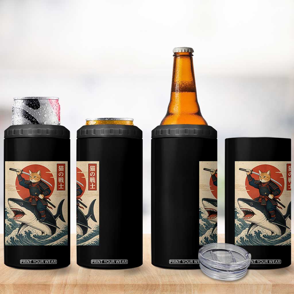 Funny Samurai Cat Riding Shark 4 in 1 Can Cooler Tumbler Vintage Japanese Ukiyoe